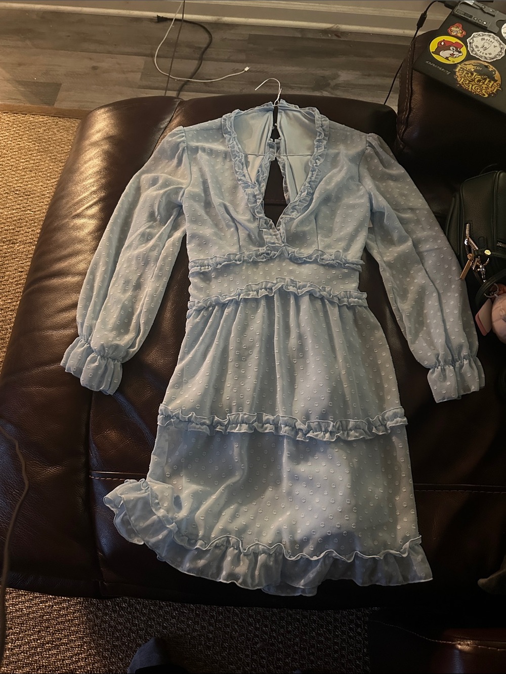 Light Blue Ruffle Swiss Dot Mini Dress